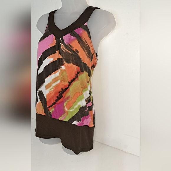 IZ BYER Women's Sleeveless V Neck Top Brown Multi-Color Abstract Design Medium - Picture 2 of 12